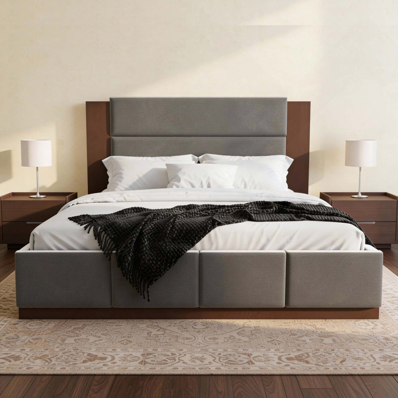 Lit plateforme tapissier moderne avec tête de lit en bois allongée et base en bois, aucun sommier nécessaire, Grey, King