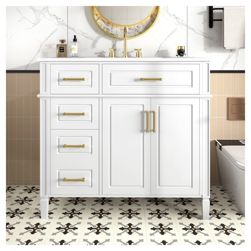 Meuble-lavabo moderne 36 po avec lavabo en céramique, meuble-lavabo simple blanc à 4 tiroirs et 2 portes, charnières à fermeture en douceur et poignées en métal doré