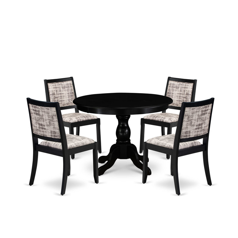 L'ensemble de salle à manger 3 pièces comprend une table de cuisine ronde avec plateau de table noir brossé et 2 chaises empilables en tissu de polyester, noir brossé