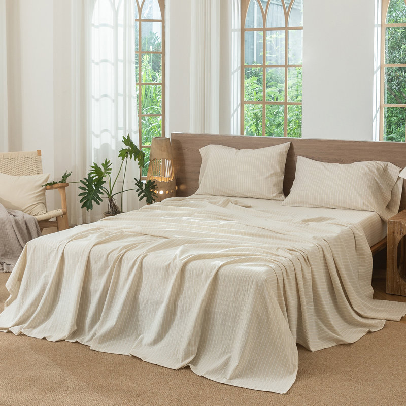 Moomee Striped Flat Sheet 100% Washed Cotton Linen Like Textured Breathable Lightweight, Queen Flat Sheet