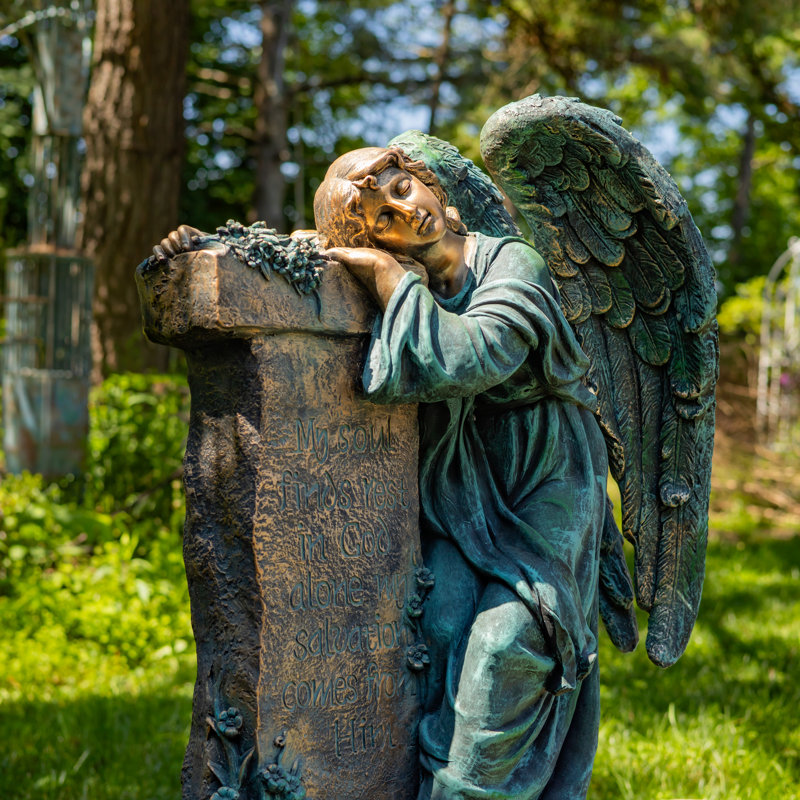 34 po Grande statue d'ange en deuil avec piédestal, Brown