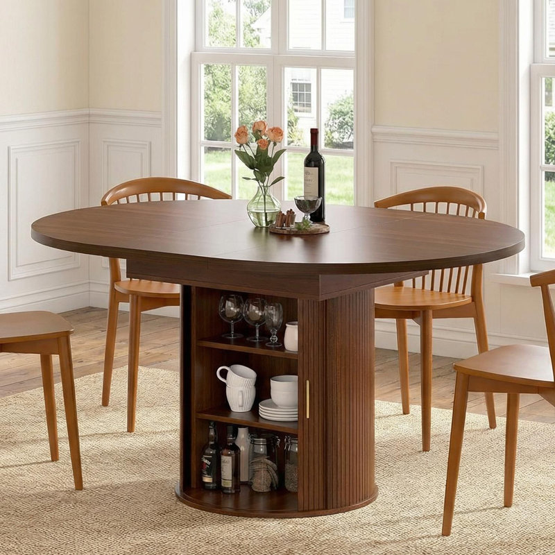 47-63" Extendable Round Dining Table for 4-8 People, Mid-Century Modern Kitchen Table with Storage Cabinet, Dark Walnut