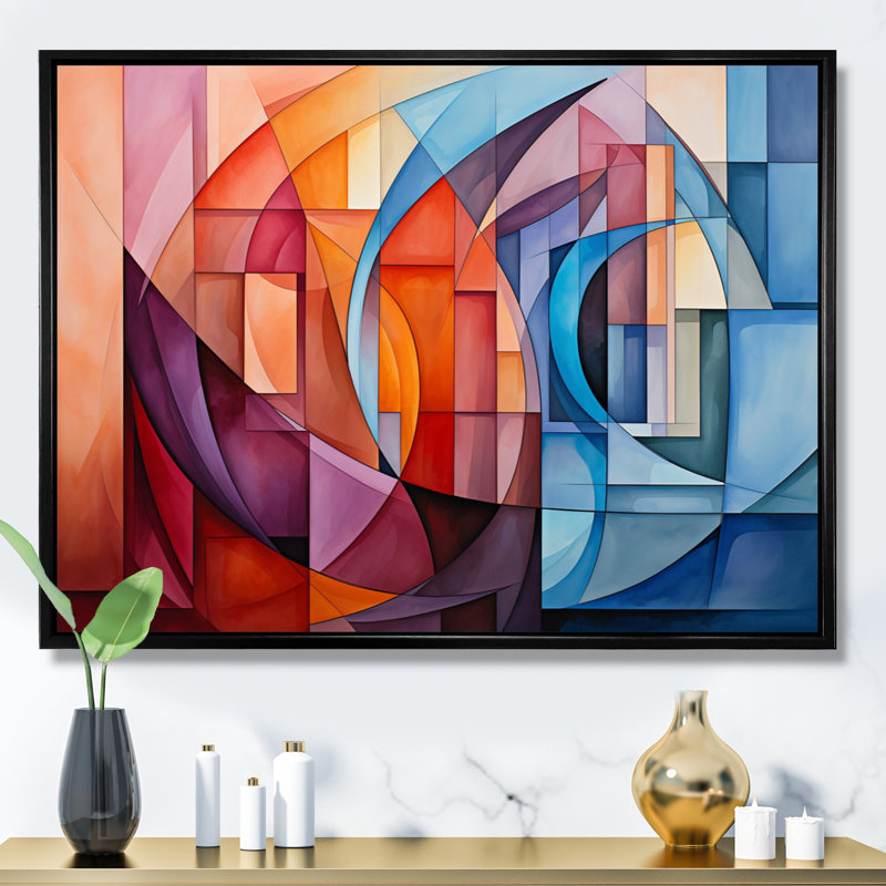 Cubisme arc-en-ciel II - décoration murale cubisme, Cadre flottant noir, H 12 po x l 20 po x P 1 po