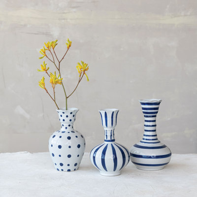 3-Piece Hand-Painted Stoneware Vase With Dots/Stripes