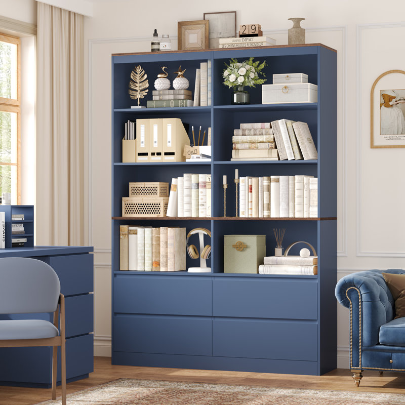 70.9"H X 47.2"W Wood Double 4-Tier Bookcase With 4 Storage Drawers, Blue/Brown
