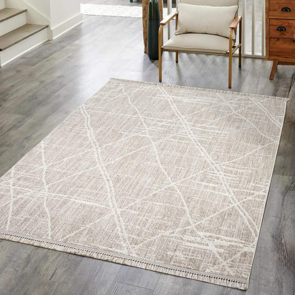 Teppich Clasico 9162 Kurzflor Geo-Muster Beige mit Fransen für Wohnzimmer, Boho-Stil