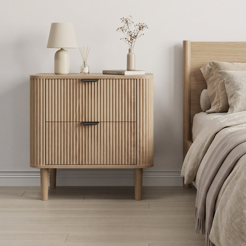 57cm Wide Bedside Table Wood Nightstand 2-drawers, Oak