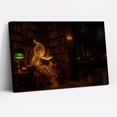 Fantôme lumineux lisant un livre dans une bibliothèque sombre, avec une toile murale d'Halloween