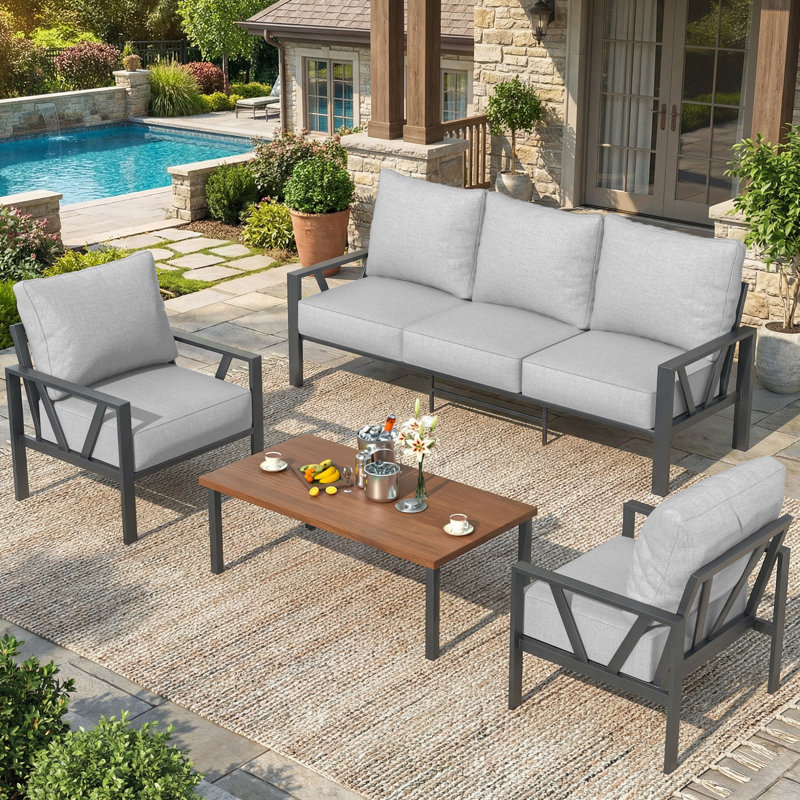 Ensemble de conversation pour 5 personnes avec coussins et table basse, Beige, Brun