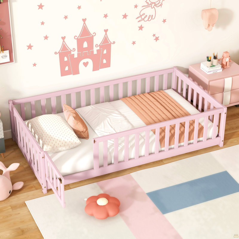 Lit simple au sol avec clôture et porte, lit en bois d'hévéa avec garde-corps de sécurité, rose, Twin, Pink