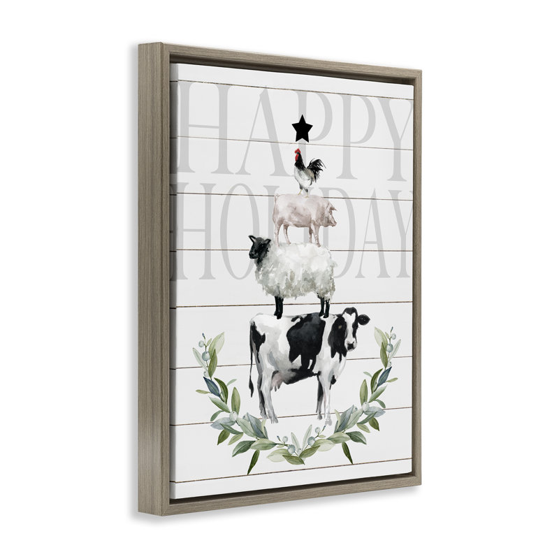 «Happy Holiday Farm Animals», art mural sur toile par Carol Robinson, Cadre flottant orme Montalcino, H 31 po x l 25 po