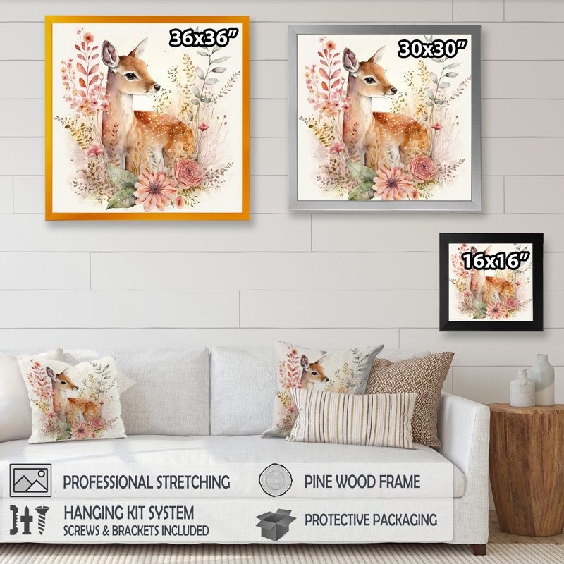 Mignon petit cerf avec fleurs roses - art mural grand cerf, Impression noire sur toile encadrée, L 16 po x H 16 po