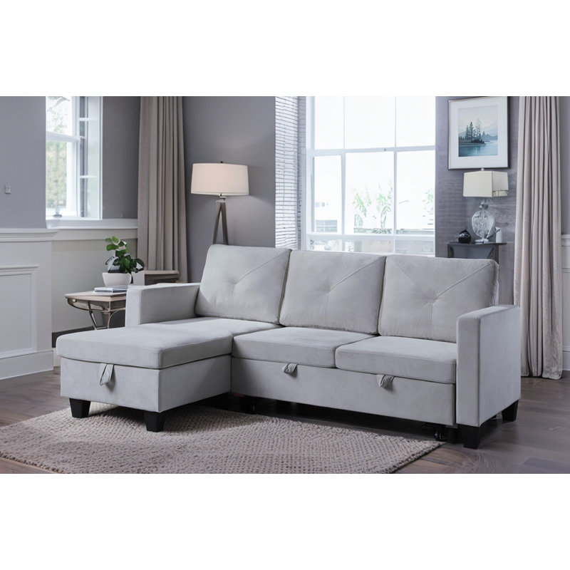 Light Grey 82.5" Velvet Reversible Sleeper Sectional Sofa With Storage Chaise