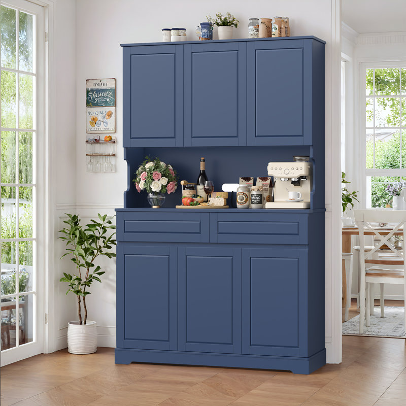 Garde-manger en bois 74 po avec tablette à micro-ondes et tablettes réglables, blanc, Bleu