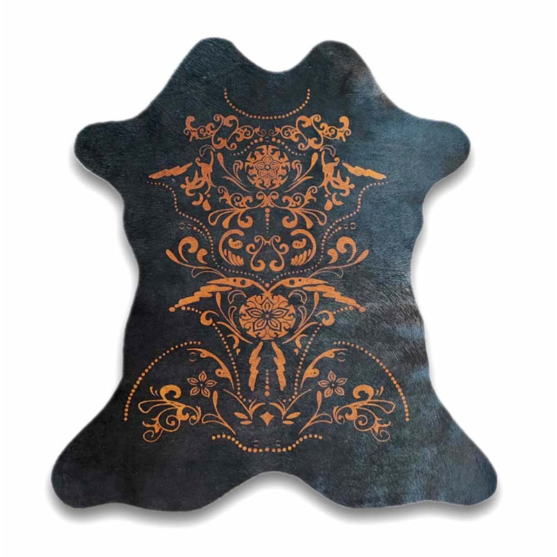 Baroque Print Mini Cowhide Rug (Brown on Black)