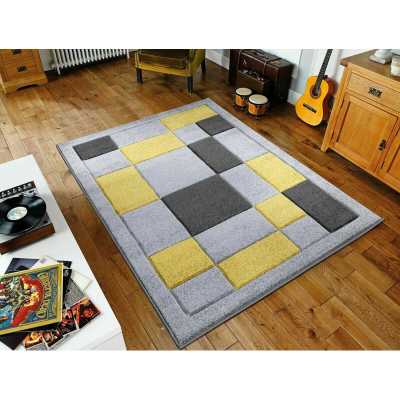 Havana Geometric Grey Ochre Large Rugs – Modern Living Room Carpet, Bedroom & Hallway Runner | Soft, Non-Shedding, Stain Resistant Floor Mat