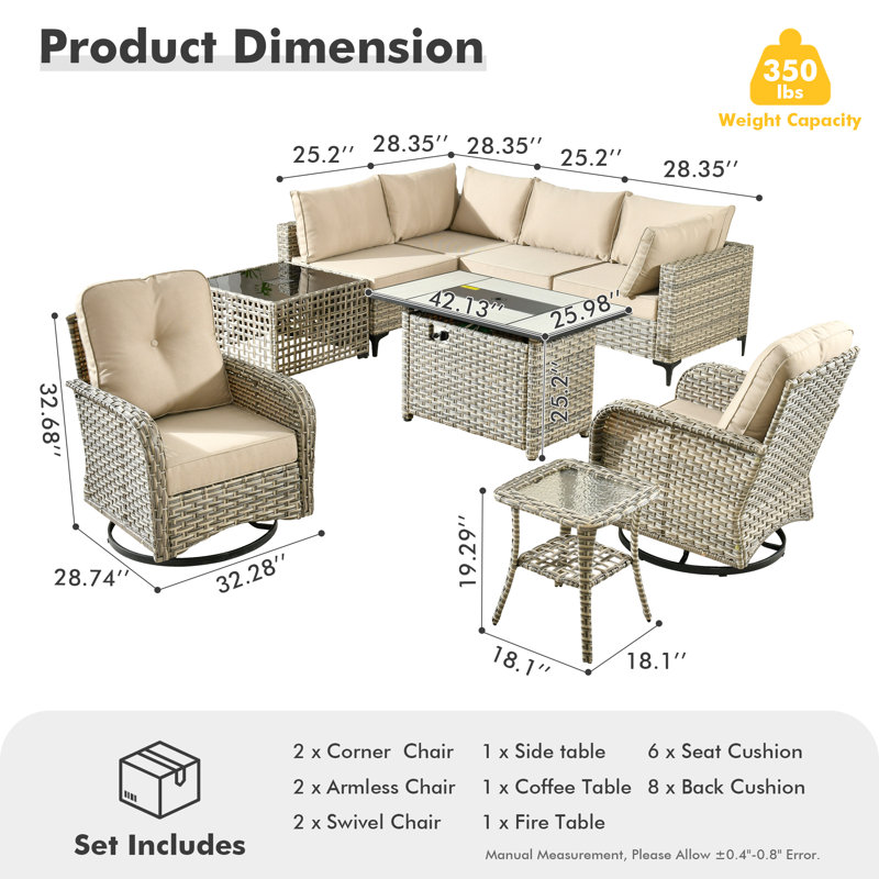 Emroy 6 - Person Outdoor Wicker Sectional Seating with Swivel Chairs, Modern Modular Rattan Conversation Set with Cushions