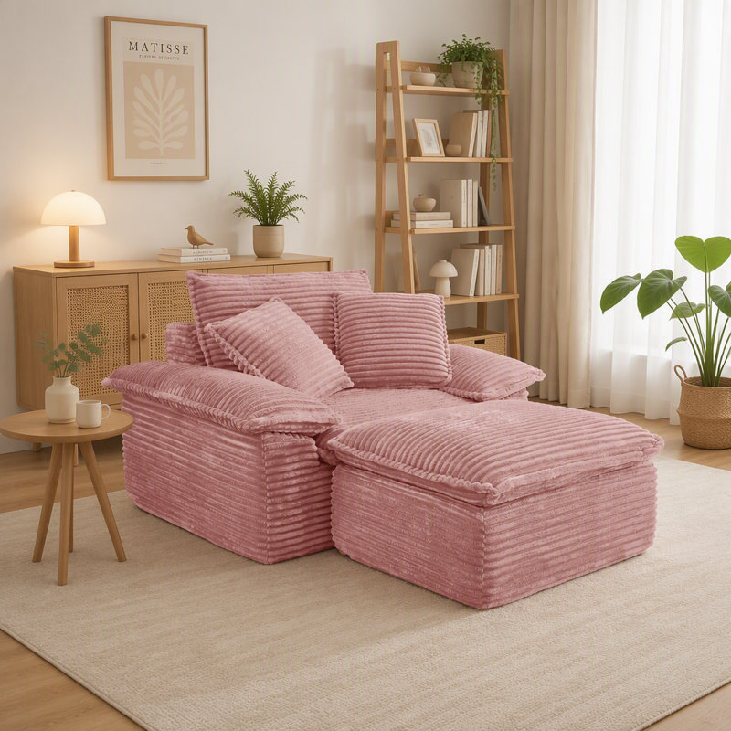 Fauteuil convertible Cloud surdimensionné de 119 cm avec pouf amovible à 2 niveaux, canapé-lit modulable 1 place à assise profonde, sans assemblage, en polaire douce rose.