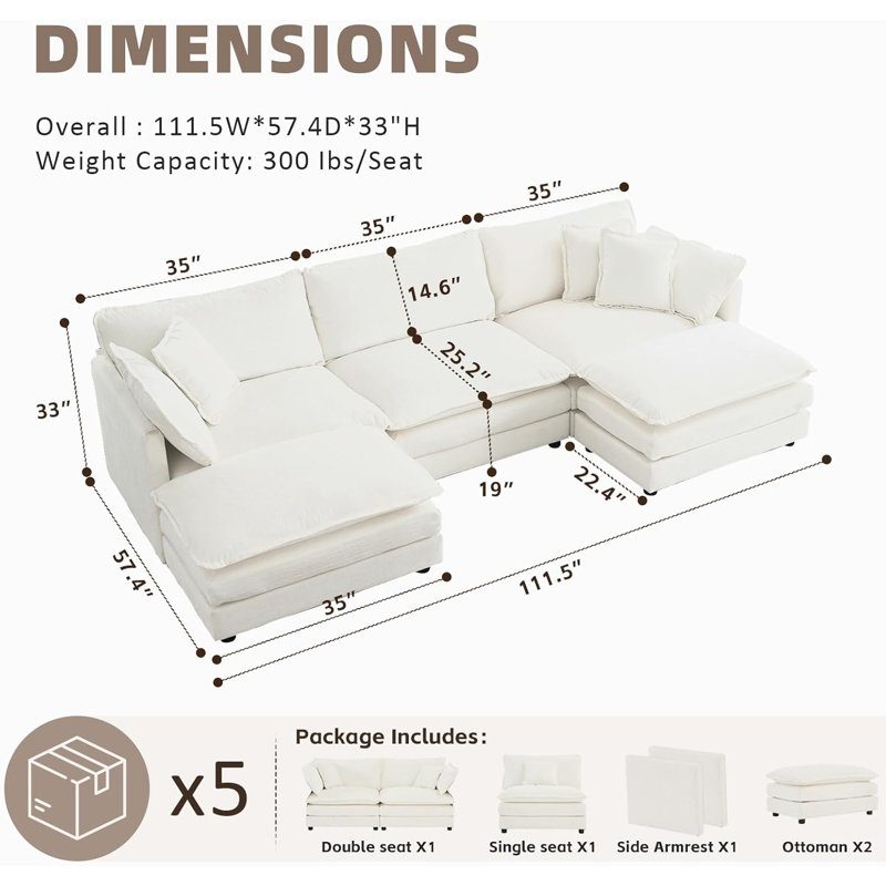 Latitude Run U Shaped Modular Sectional Sofa Chenille Deep Seat Cloud Couch with 2 Movable Ottoman, 33" H x 112" W x 58" D