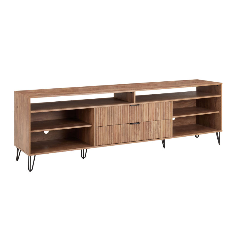DUMBO 85" Mid-Century Modern TV Stand with 6 Shelves and 2 Drawers, Golden Brown