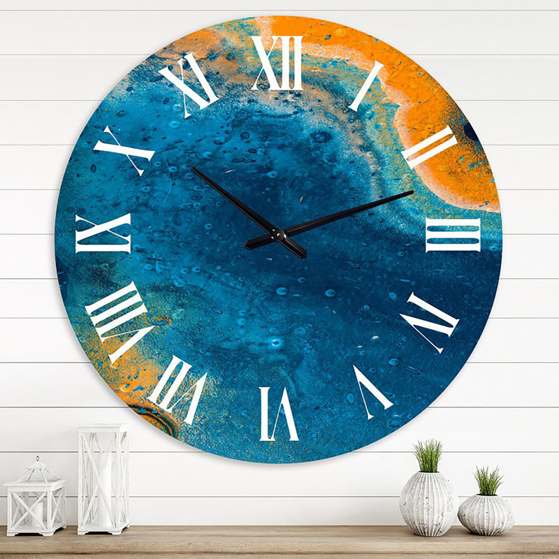 Composition abstraite de marbre en bleu et orange V - horloge murale moderne, Moyenne