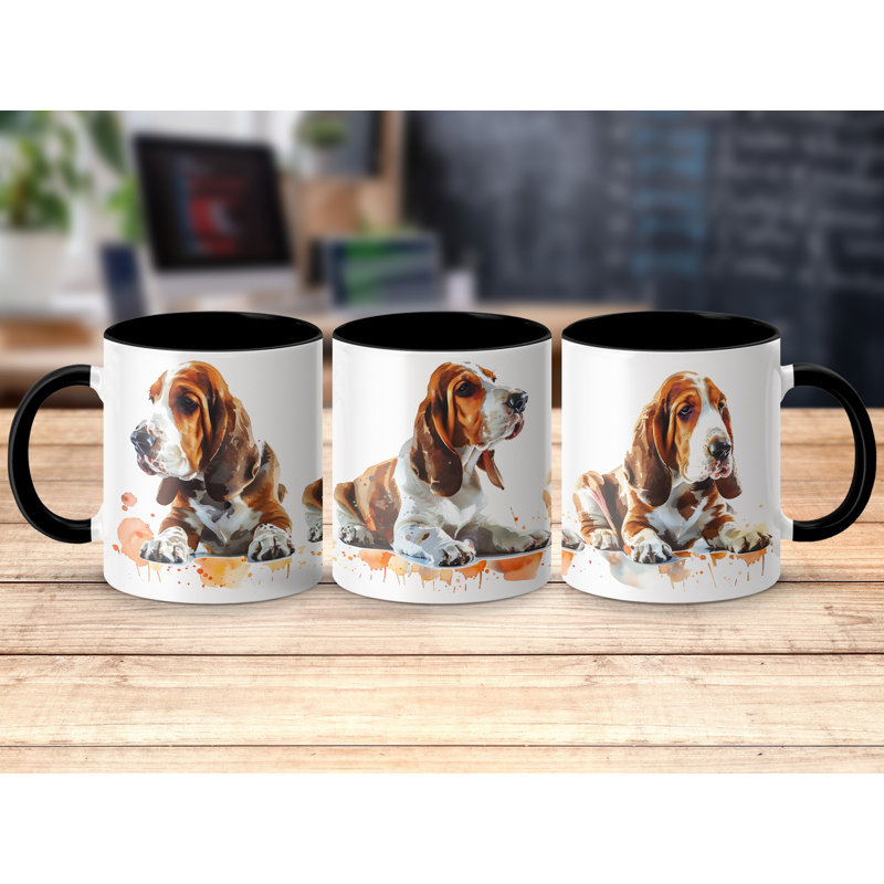 11oz Watercolour Basset Hound Design Coffee Mug, 2, Black