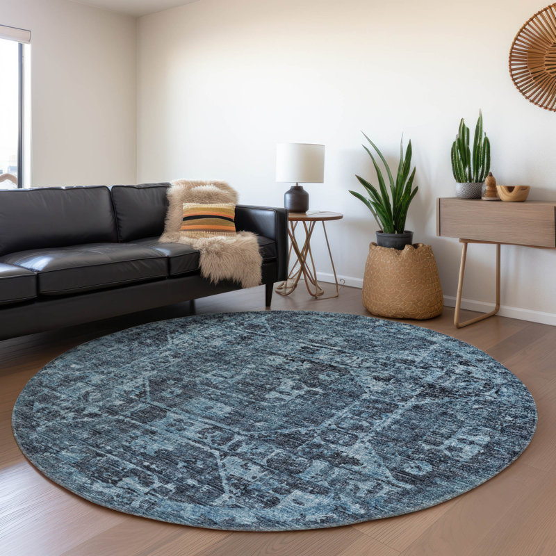 Premium Machine Washable Kelsa AMF41 Navy Rug, Round 8'