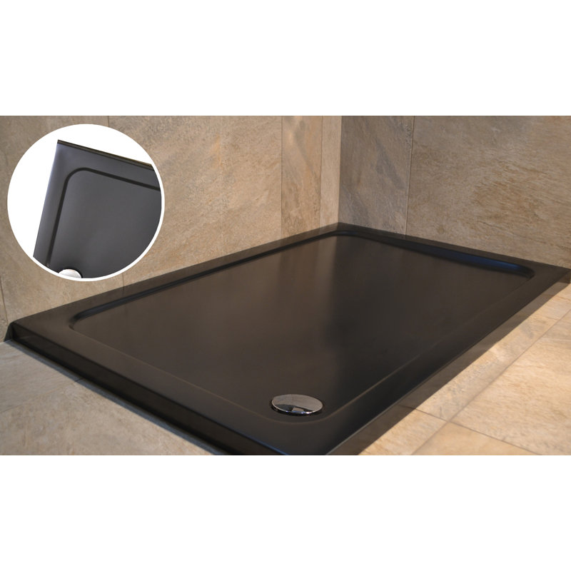 Slimline 35Mm 900X800 Rectangle Black Gloss Stone Shower Tray, 3.5cm H x 90cm W x 76cm D, Black Matt
