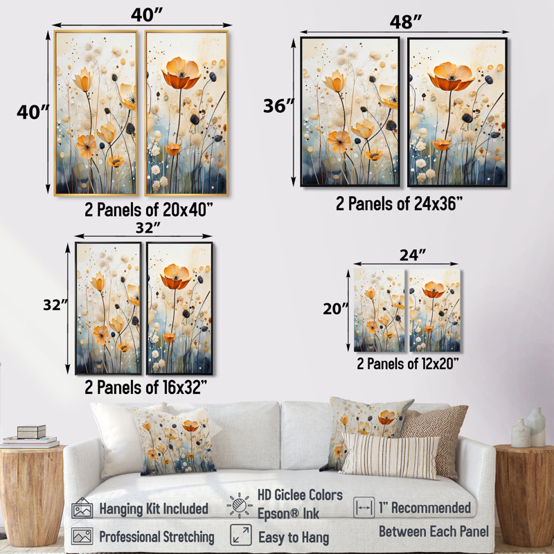 Art mural moderne orange et bleu en sourdine I - bleu, 2 pièces, 32" H x 32" W, Impression encadrée flottante, Black
