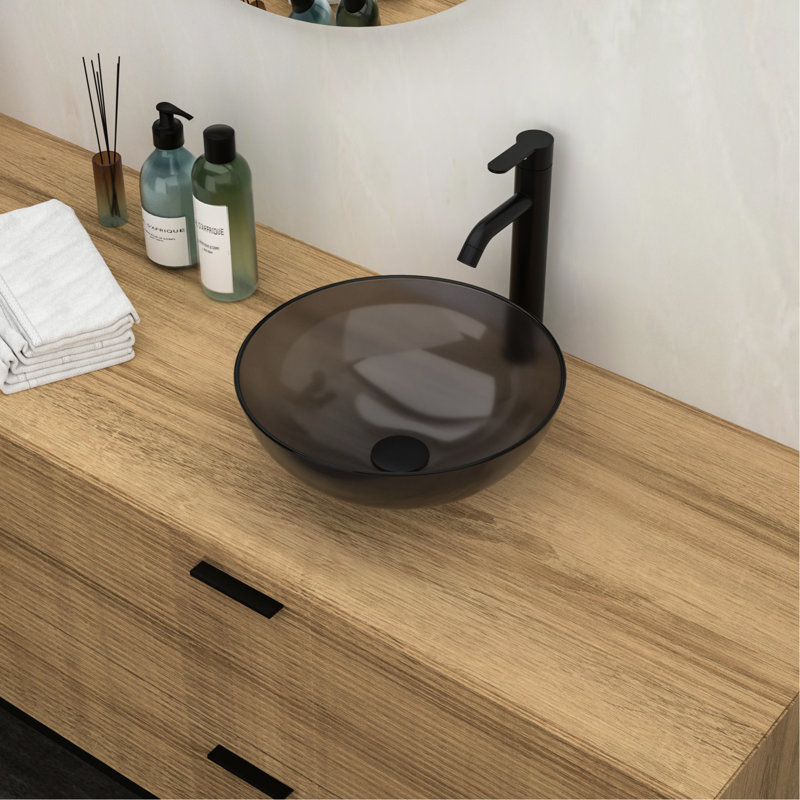 Lavabo de salle de bain avec verre trempé gris et bonde escamotable tentante, vasque portative 15,5 x 15,5 x 5,23