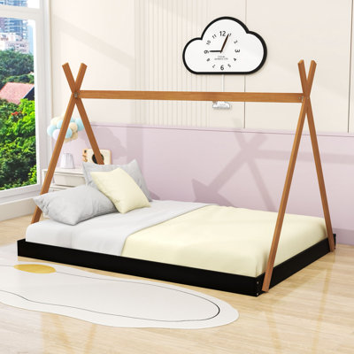 Full Size Floor Bed With Sturdy Wood Frame And X-Shaped Safety Railings by Redwood Rover