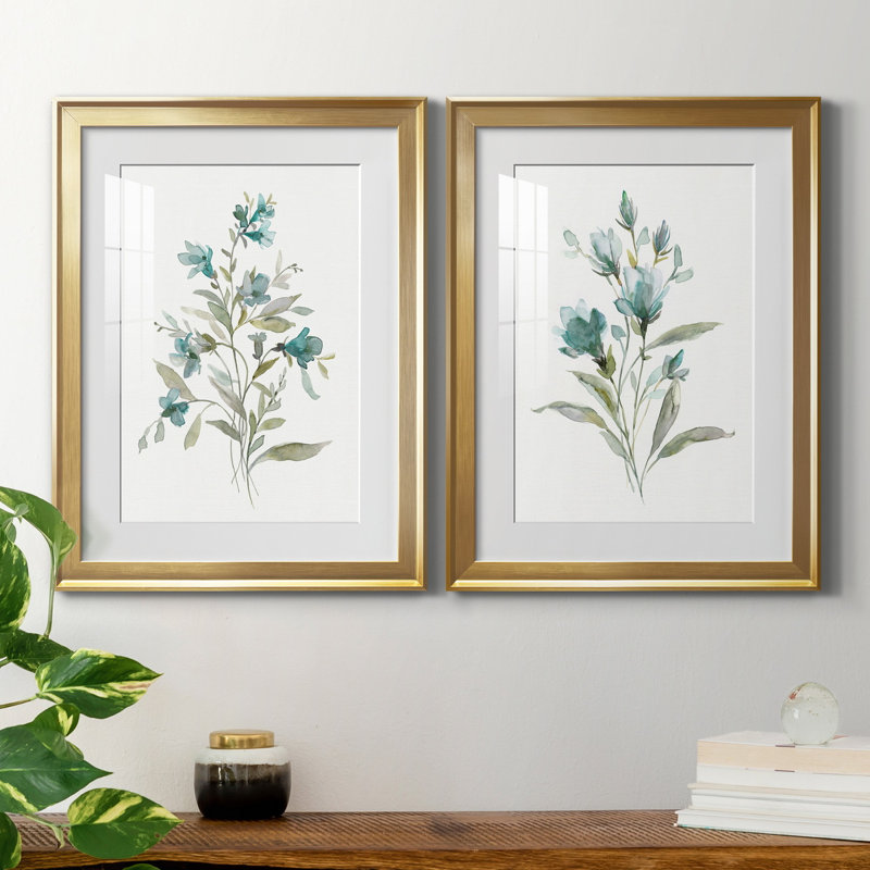 Linen Botanical III - ensemble de 2 reproductions d'art, Blanc, H 24,5 po x l 37 po x P 1,5 po, Papier encadré doré