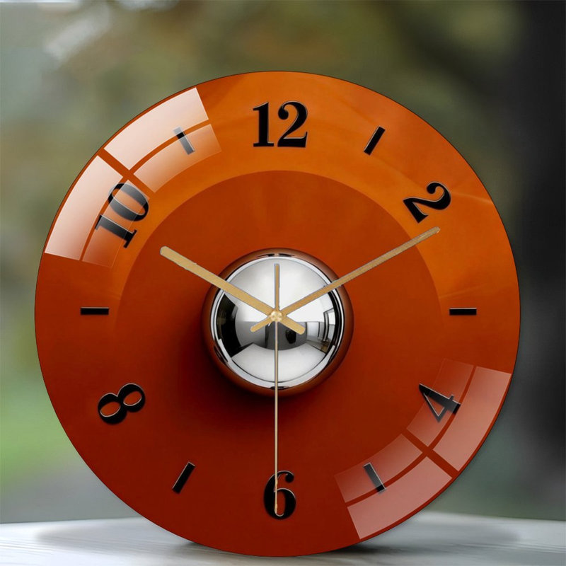 Horloge murale 12 po ronde en verre trempé avec mouvement à quartz silencieux, Orange - argent