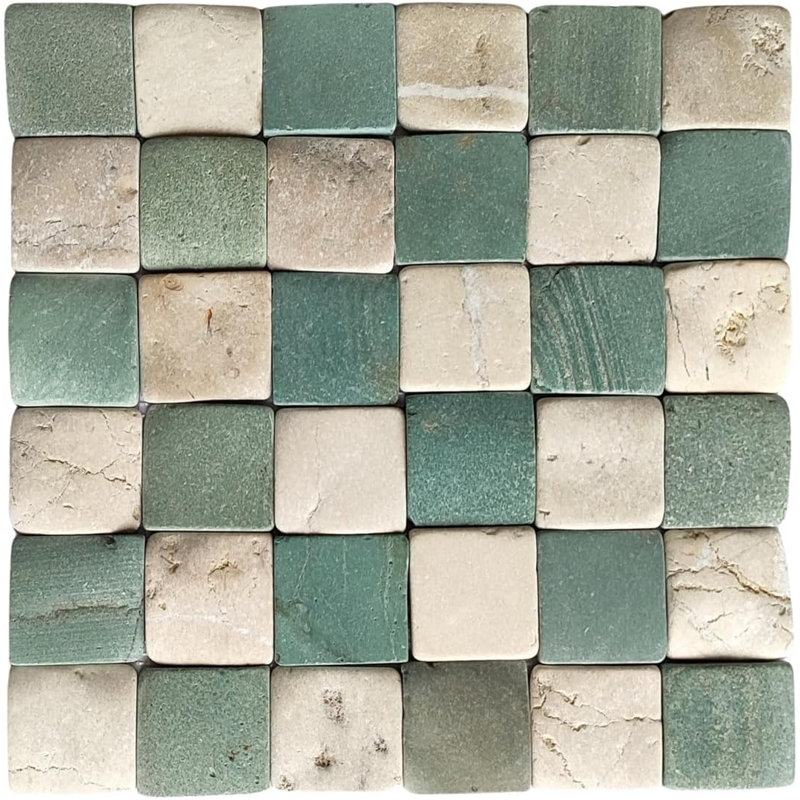 CNK Tile Mix Pebble Square Mosaic Tile 2"X2", White/Sea Green