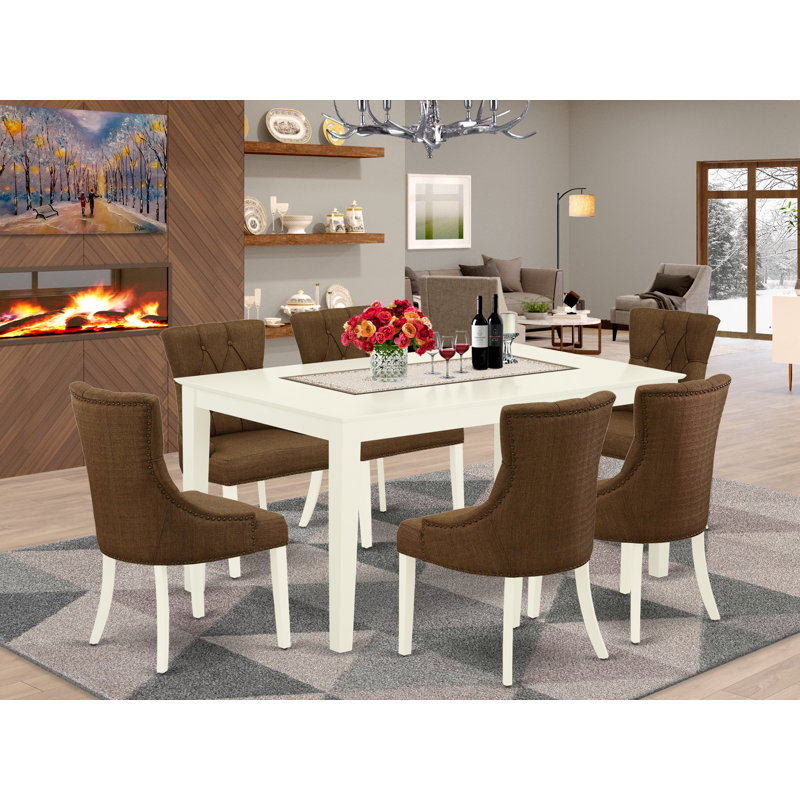 7 Piece Modern Dining Table Set Consist of a Rectangle Wooden Table and 6 Brown Linen Fabric Upholstered Chairs, Linen White
