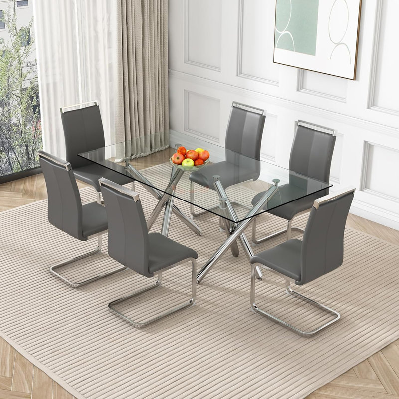 Daarina Modern Dining Table Set, Large Rectangular Glass Table with Silver X-Base and Faux Leather Cantilever Chairs, 7