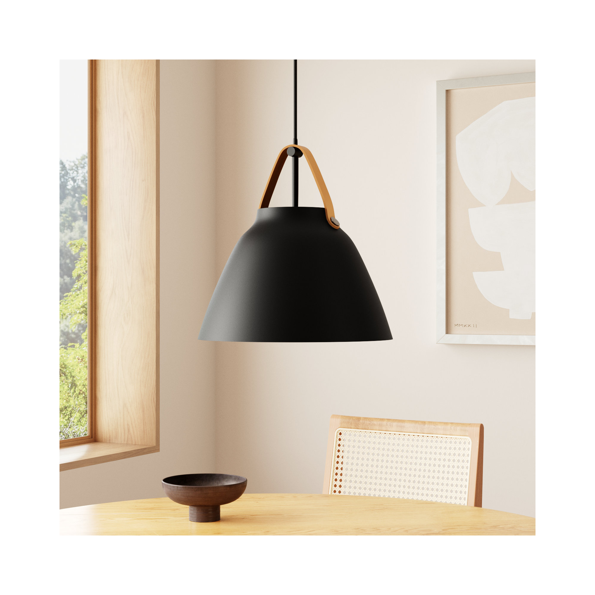 Gianni Single Light Metal Dimmable Pendant, 14.5" H x 14.25" W x 14.25" D, Tan Leather/Black
