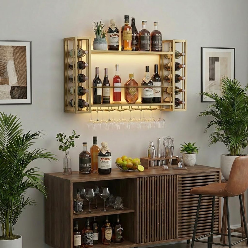 47.2" Wine Rack Wall Mounted with LED Lights, Gold