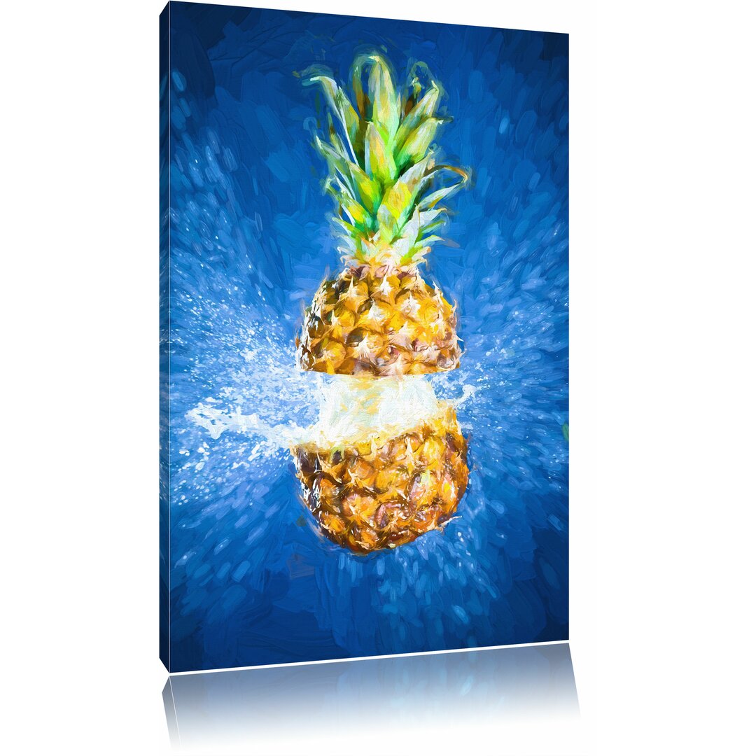 Leinwandbild „Ananas mit Wasser bespritzt“, Grafikdruck