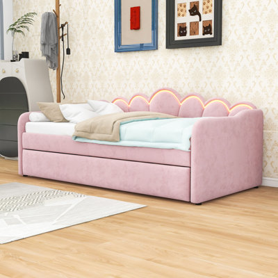 Twin XL Velvet Upholstered Daybed with LED Light and Trundle