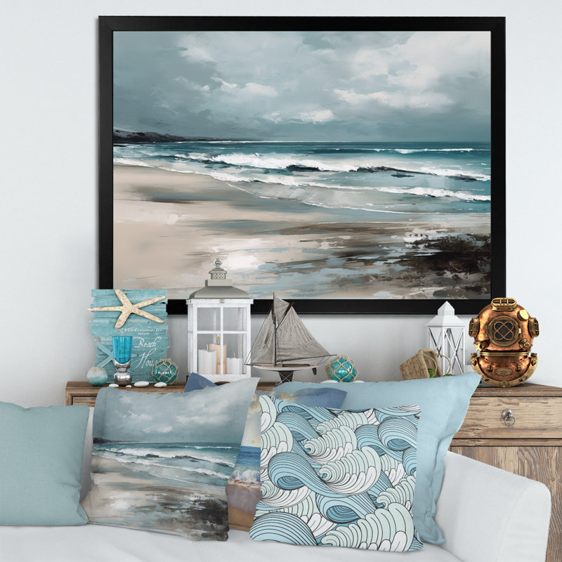 «Coastal Waves III - Modern Beach», art mural sur toile, Cadre simple noir, H 24 po x l 32 po x P 1 po