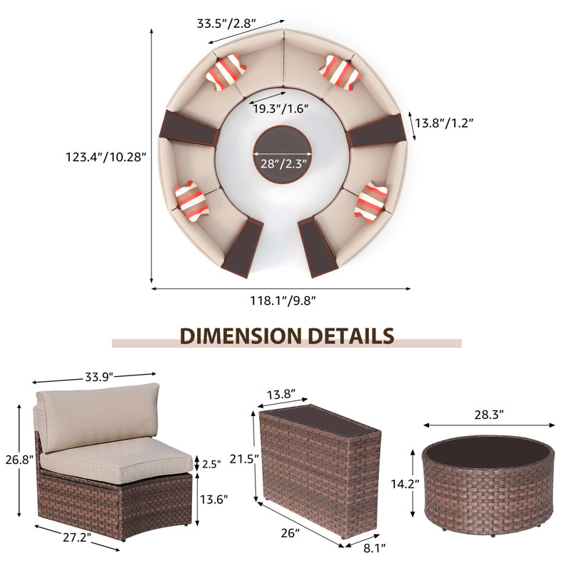 Ensemble de conversation 13 pièces Varina, Structure brune / coussin beige