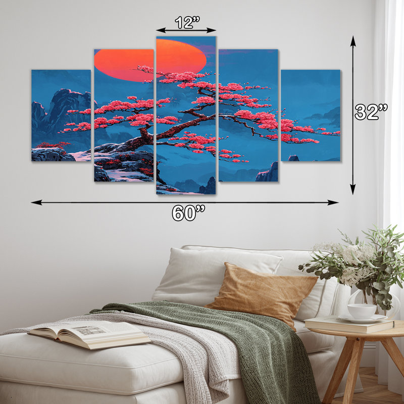 Fleur de cerisier - art mural arbre 5 pièces, H 32 po x l 60 po