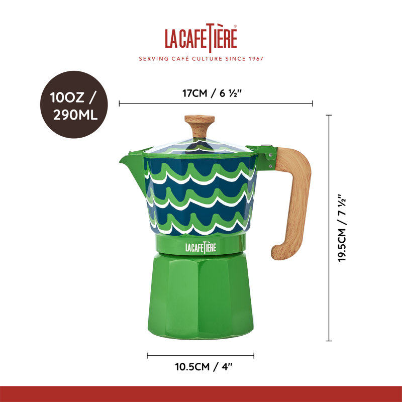La Cafetière Venice 6 Cup Espresso Maker, Cyan Tides 290ml Aluminium Brewer with High Temperature Silicone Gasket and Wooden Handle