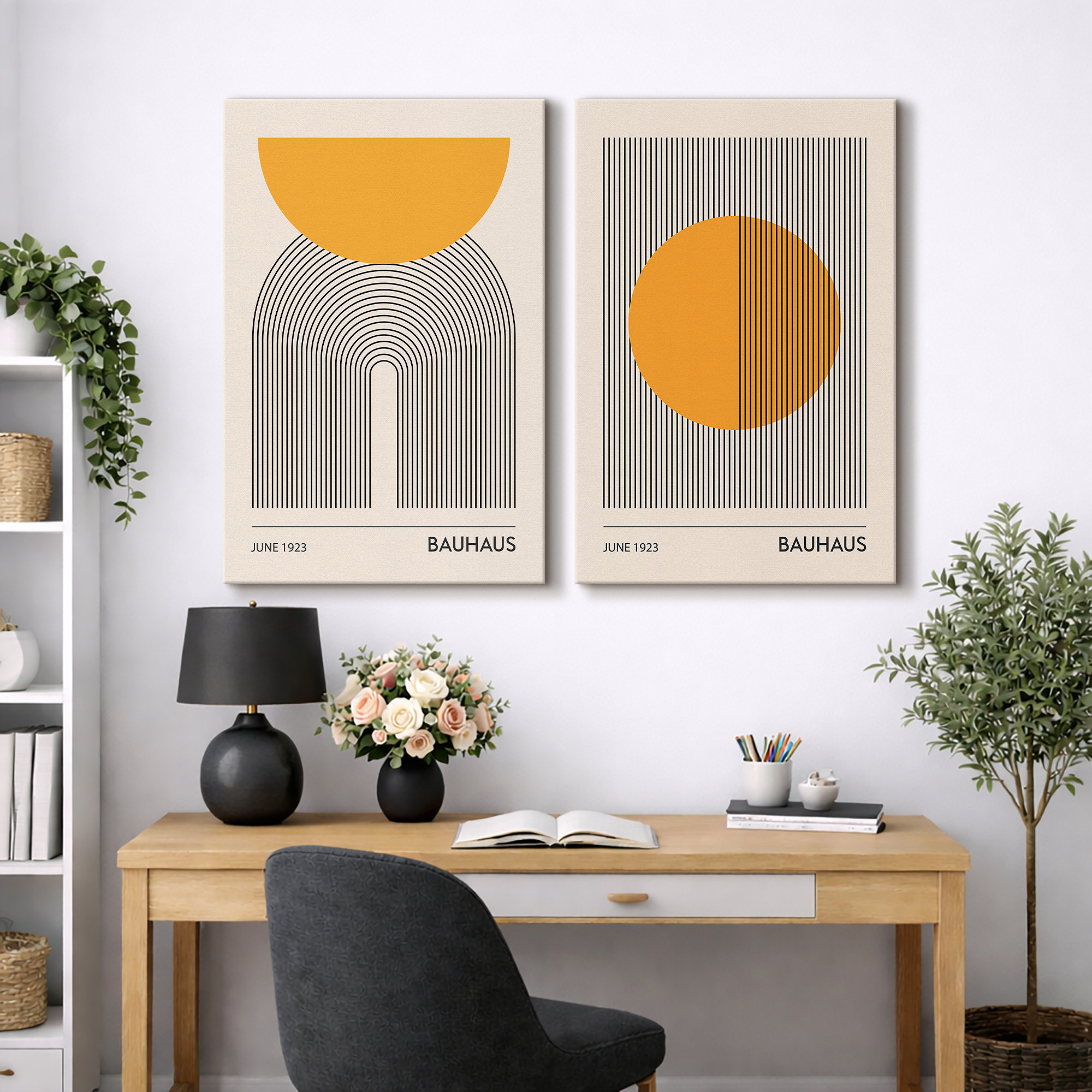 Mid Century Modern Boho Bauhaus Solar Sun Abstract Art Decor Framed On Canvas 2 Pieces Print, Wrapped Canvas, 24" H x 32" W