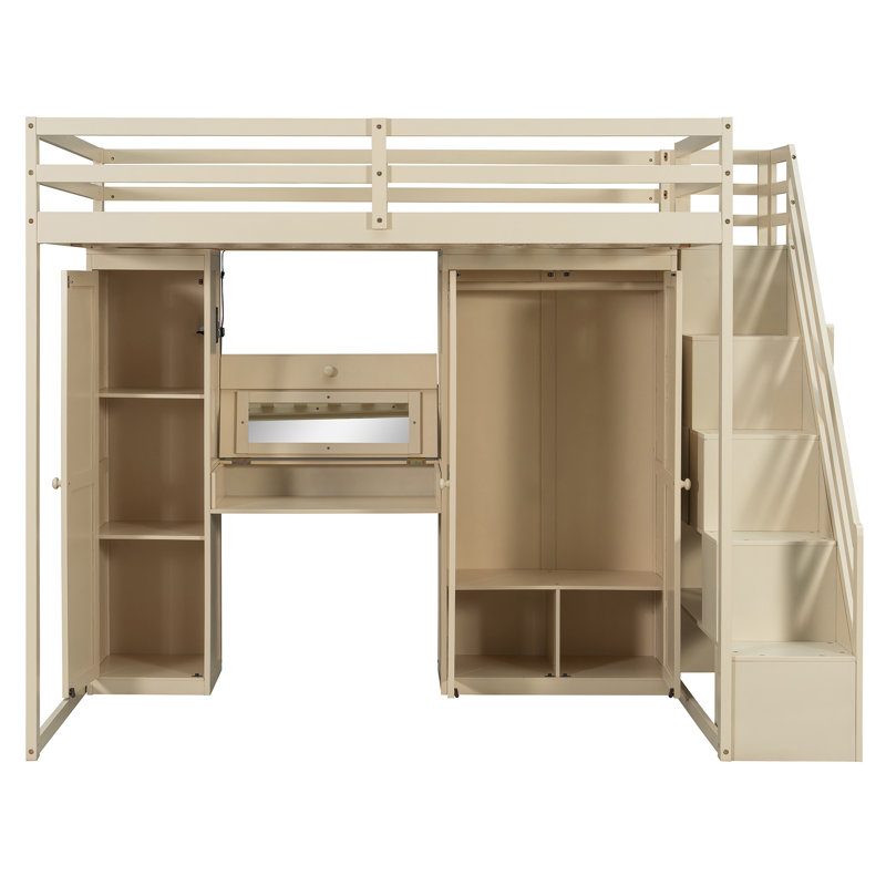 Lit mezzanine double avec escalier de rangement, coiffeuse intégrée avec miroir et tiroir, armoire et armoires, ports et lumières de chargement USB, beige