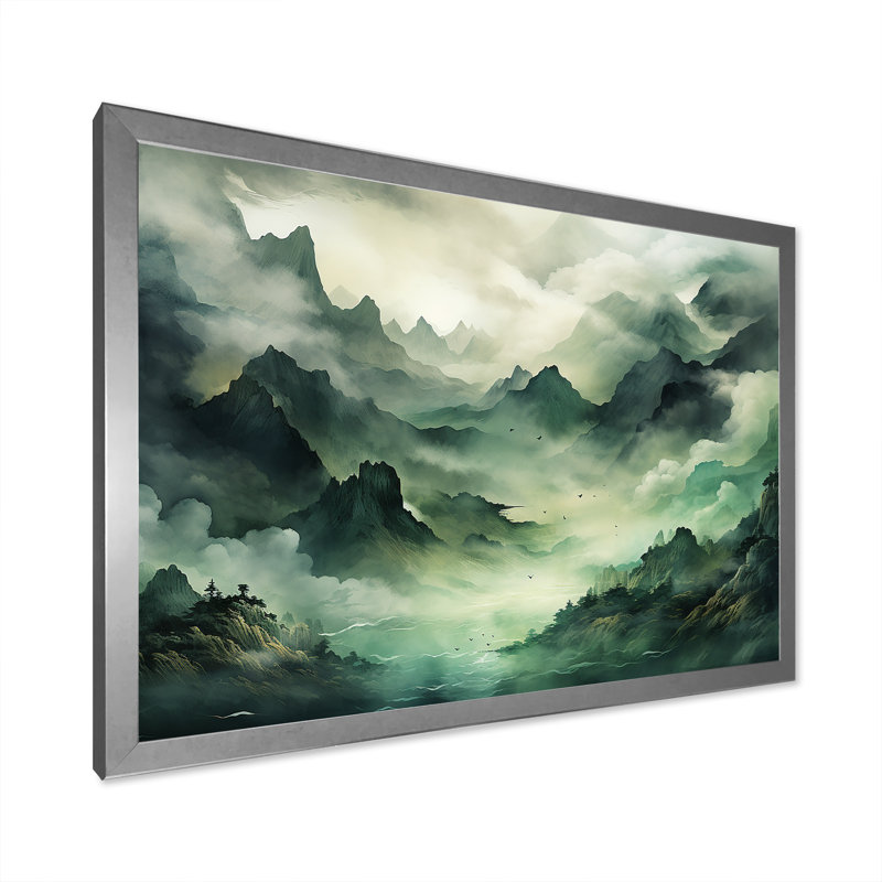 «Mountains Green Percolated Peaks I», reproduction d'art sur montagnes, Cadre simple argenté, H 34 po x l 44 po x P 1,5 po