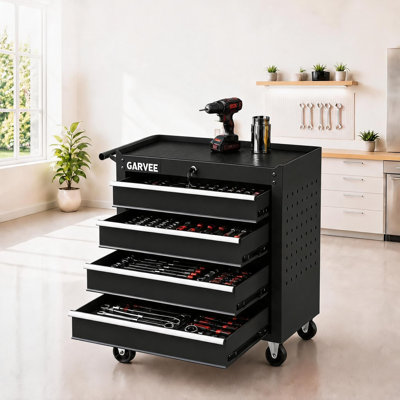 25 x 13 x 29 Inch 4-Drawer Rolling Tool Cart with Pegboard and Hooks, Mobile Tool Chest on Wheels for Garage, Workshop and Repair Shop, Cold-Rolled Steel Storage Cart, Black