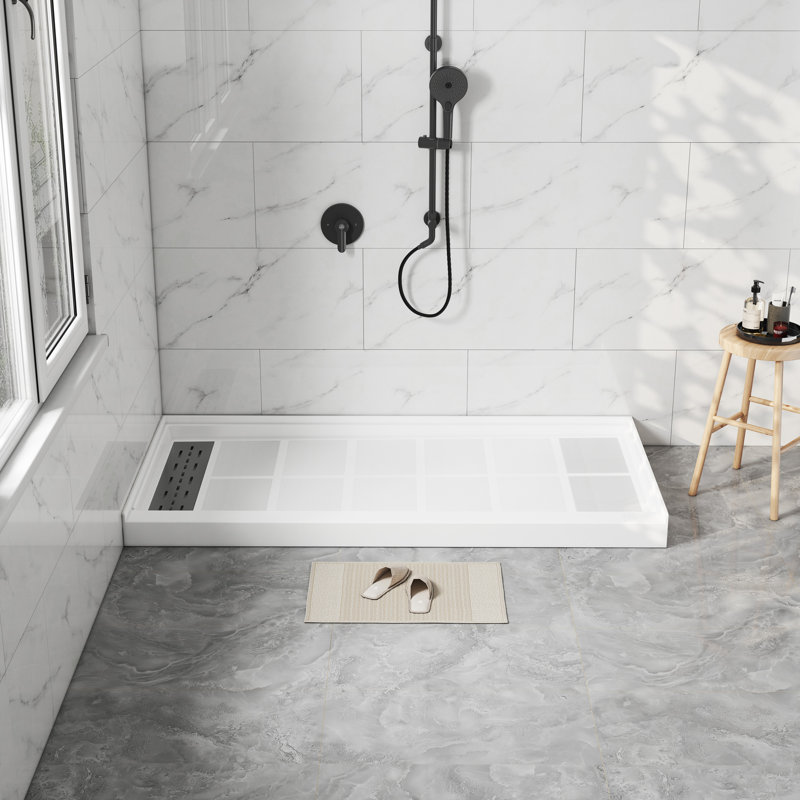 48/60"W x 32/36"D Multiple Sizes Single Threshold SMC Shower Pan Base with Drain Assembly, Non-Slip, 4" H x 60" W x 32" D