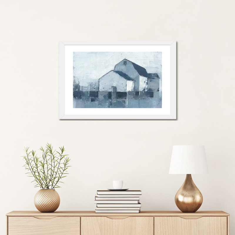 "Indigo Barns II" par Ethan Harper, reproduction d’art, H 16 po x l 24 po x P 1 po, Papier encadré blanc, Blanc